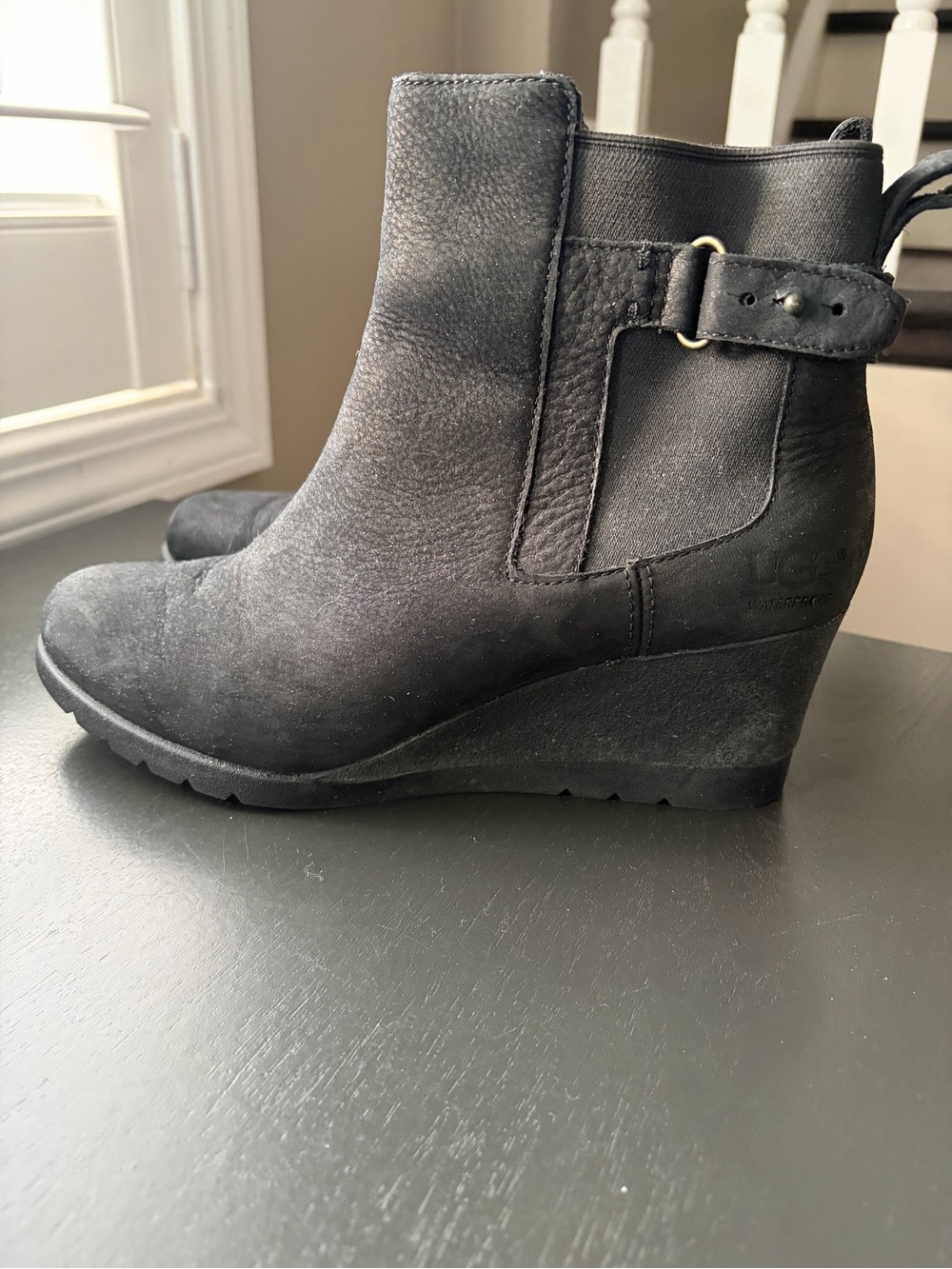 UGG Black Nubuck Wedge Ankle Boot with Buckle Strap